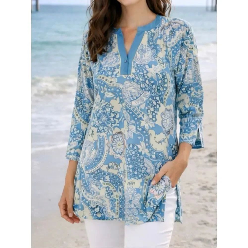 J.McLaughlin blue paisley tunic sweater M